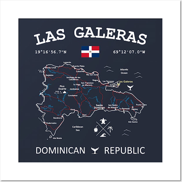 Las Galeras Dominican Republic Flag Travel Map Coordinates GPS Wall Art by French Salsa